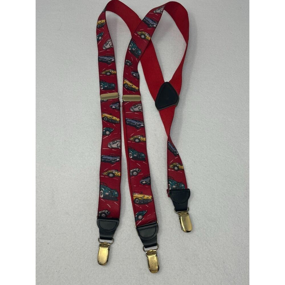 Pelican USA Race Cars Elastic Suspenders Leather Trim Gold‎ Clips Vintage Cars
